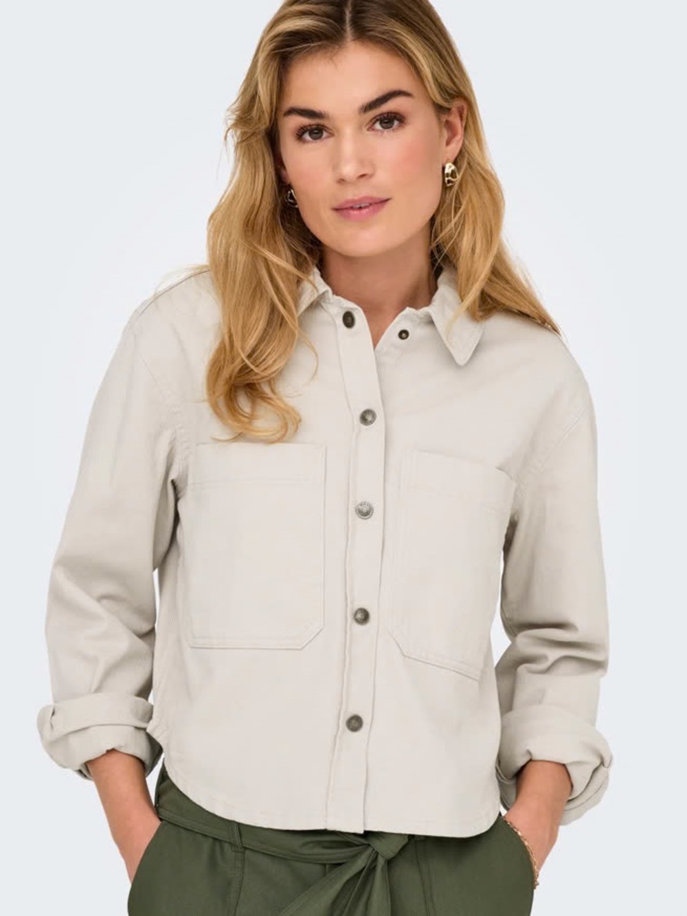 Crown & Ivy Beige Utility Shirt Jacket Women's Casual Button-Up Tan Denim